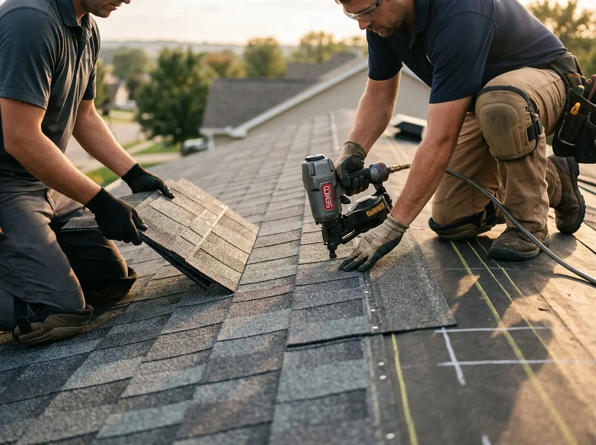Professional roofer working on a residential roof in Sioux City